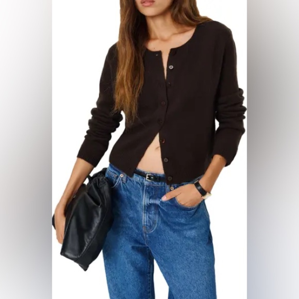 REFORMATION Clara Cashmere Crew Cardigan in Mole Size S - Picture 7 of 9